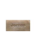 Beige rectangular bar soap with embossed text on white background